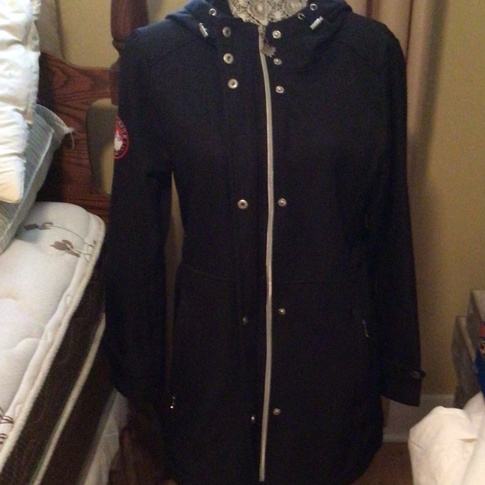 Elegant Black Hooded Canada Weather Gear Coat,